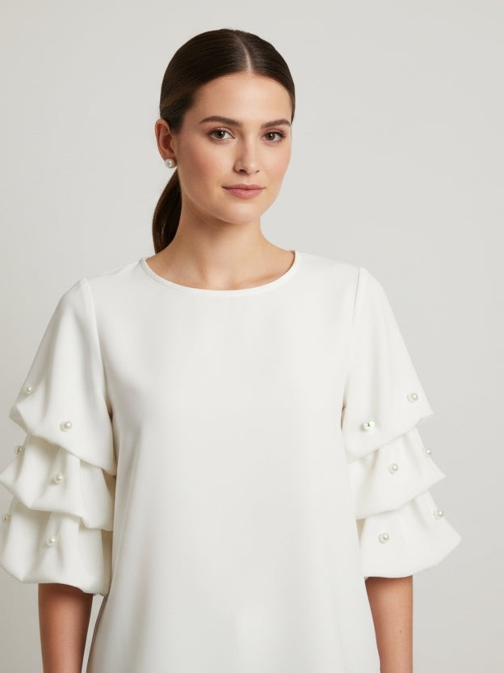 Pearl-Embellished White Tiered Sleeve Blouse